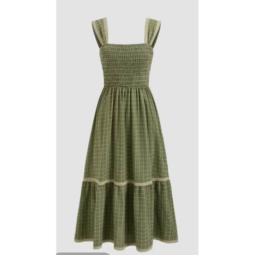 Cider Plaid Smocked Midi Dress Womens L Green Lace Trim Tiered Skirt